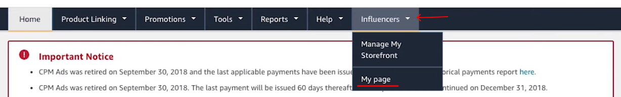 Amazon Associates Central menu with the "Influencers" tab hovered and "My page" highlighted.