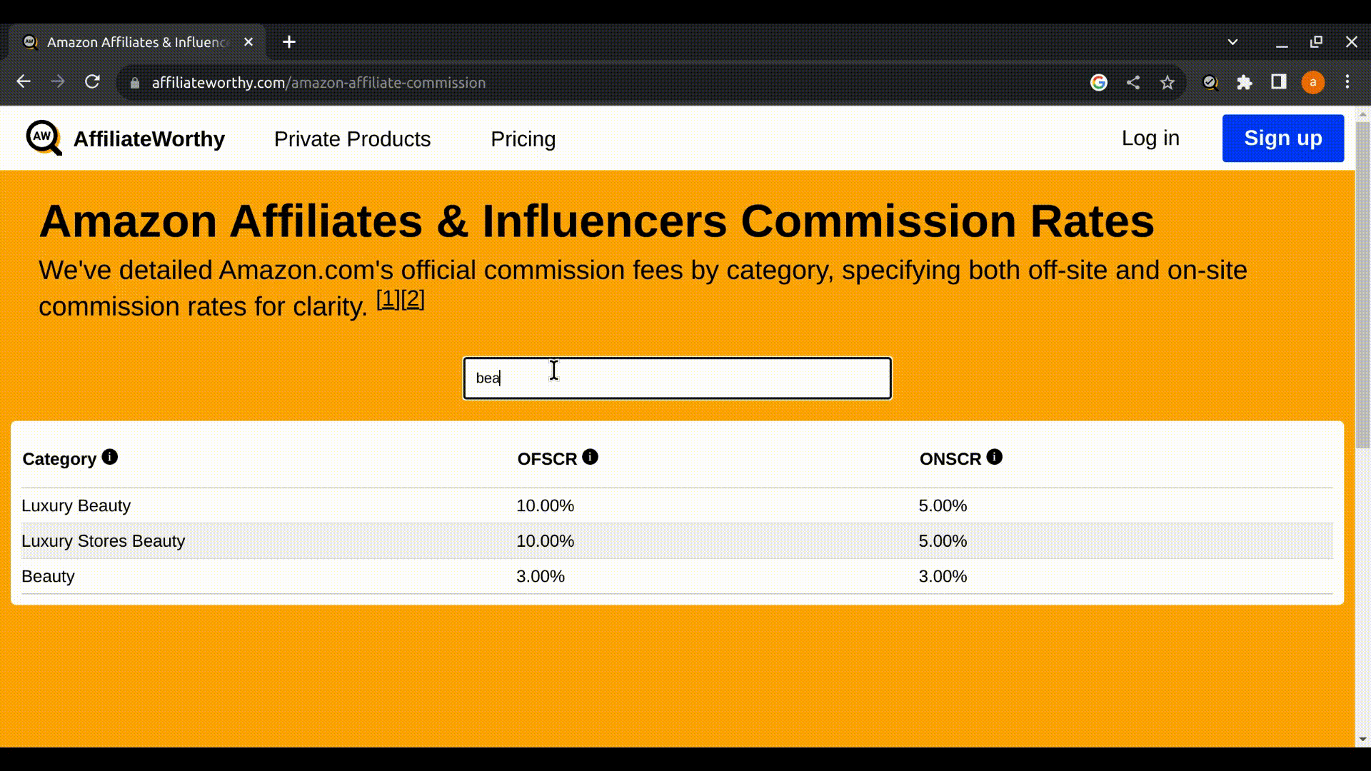 Demonstration of how to search for categories and their onsite and offsite commissions, with AffiliateWorthy's searchable Amazon Influencer Commission Rates Table.