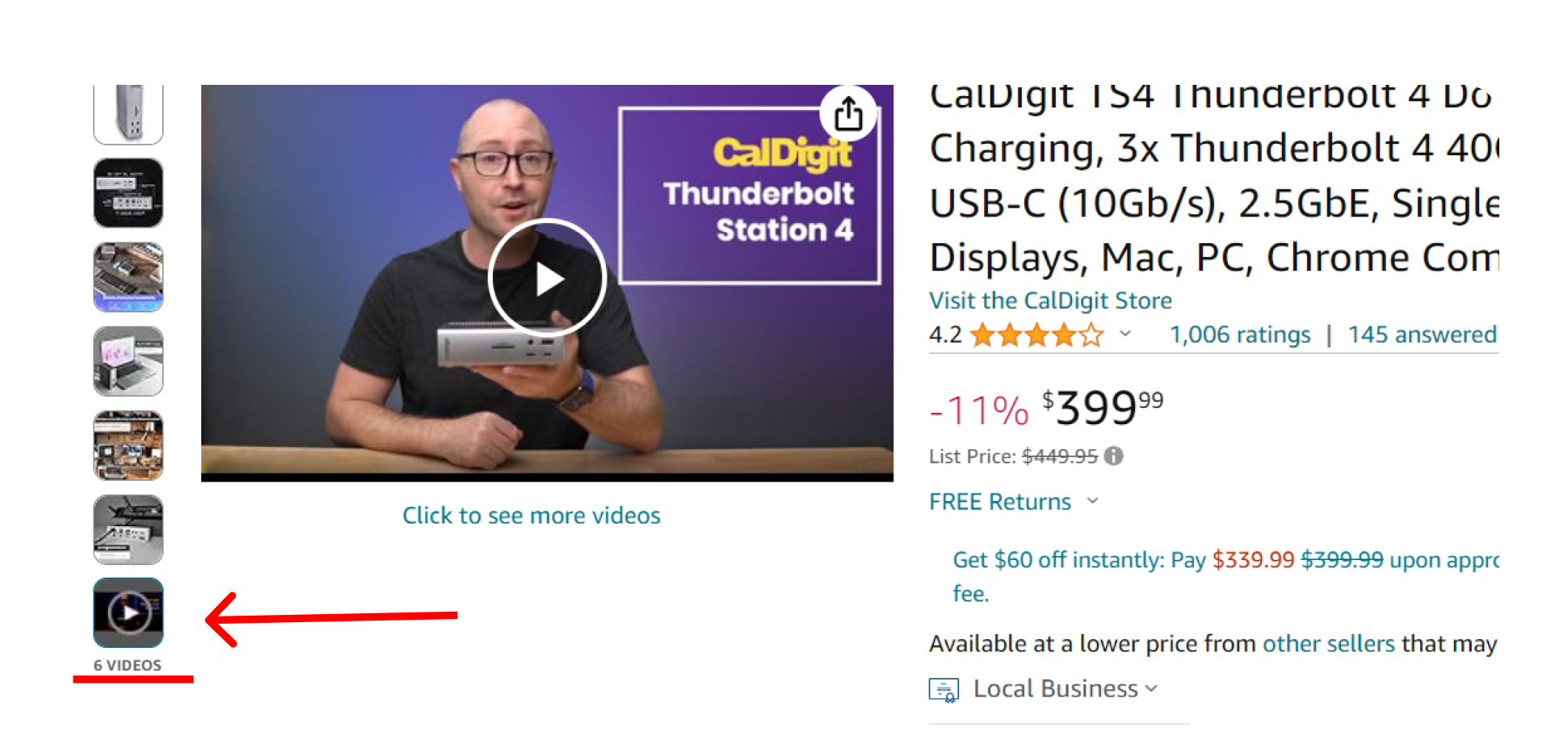 Amazon product details page with the video button that opens the Amazon top video carousel marked in red